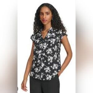 Nwt CALVIN KLEIN Women's Cap-Sleeve Ruffle Front Button Up Blouse Petite Small